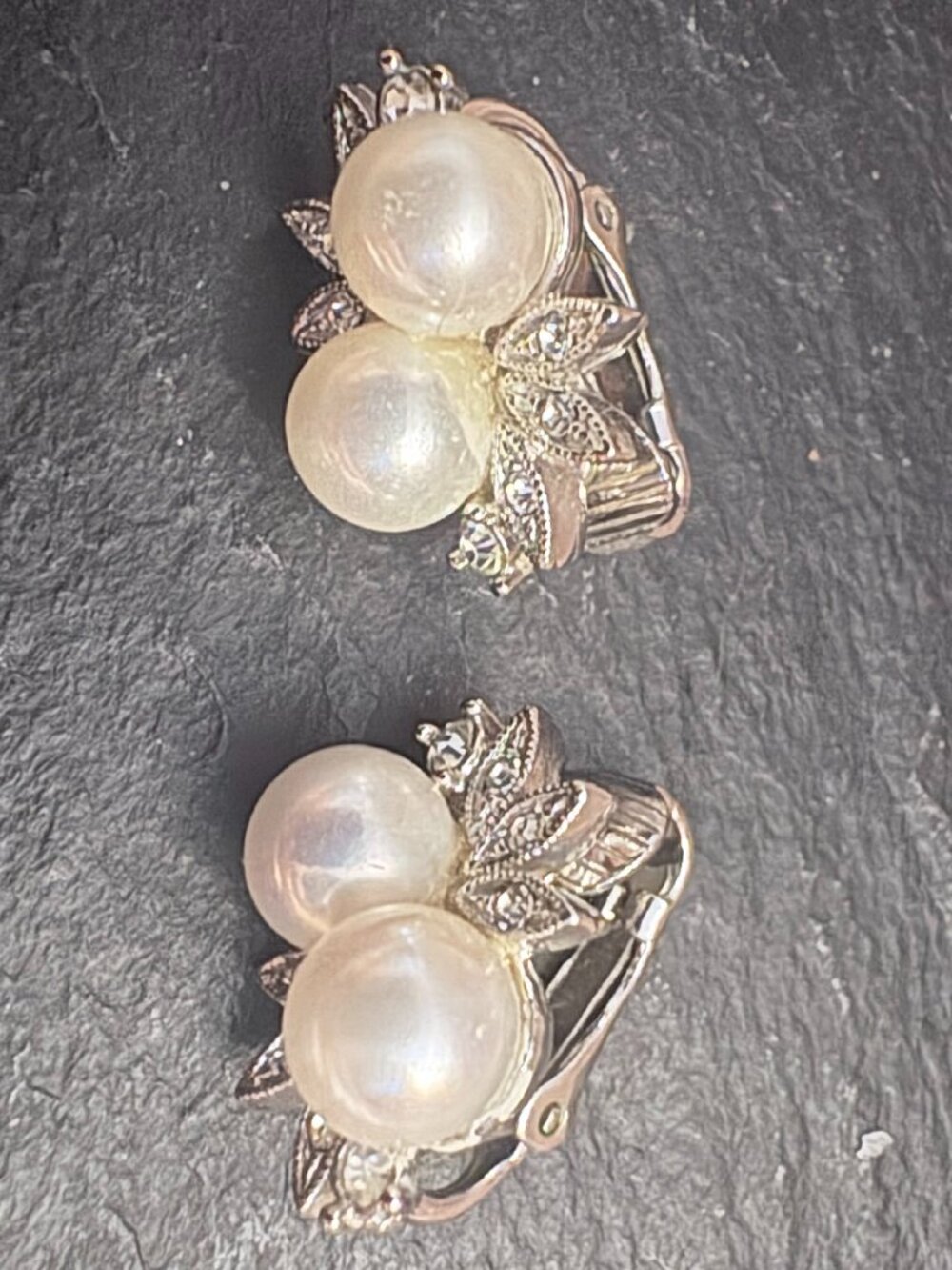 Vintage Richelieu Pearl Crystal Leaf Cluster Bridal Clip On Earrings